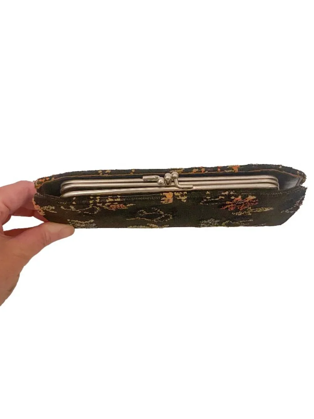 Vintage Chenille Tapestry Wallet Black with Multi-Colored Design Grandma Chic
